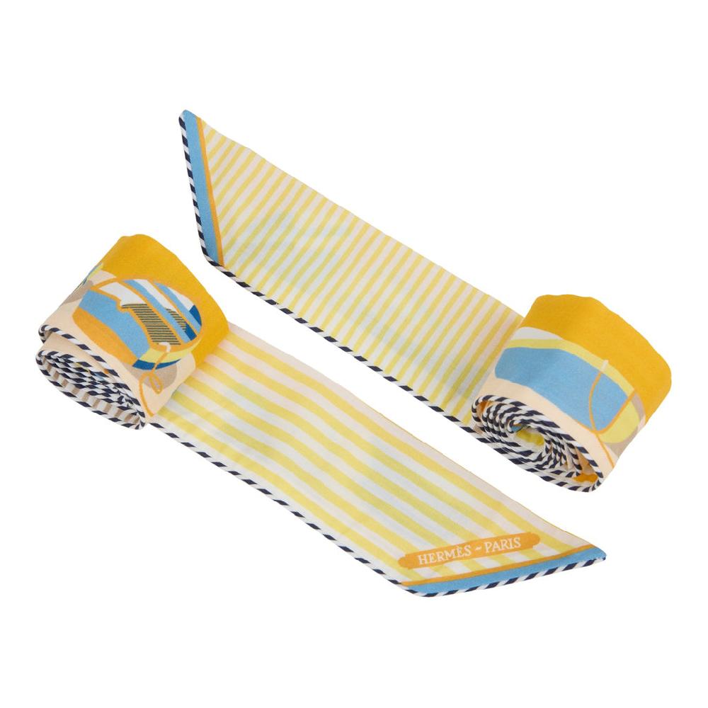 Hermes "Thalassa" Bouton D'Or Jaune Soufre & Blanc Multi Cotton Twilly Pair