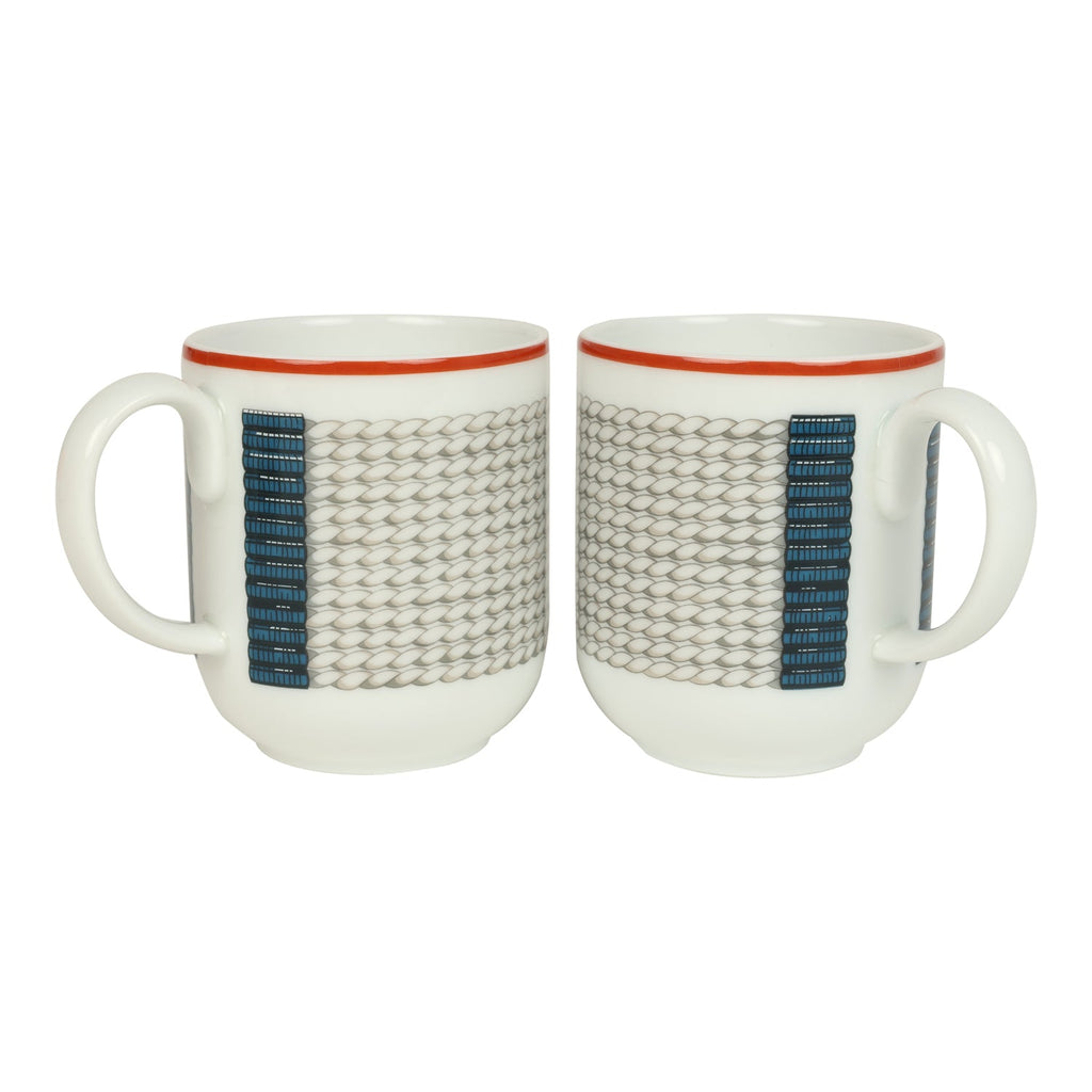 Hermes "Tressages Equestres" Orange White And Blue Porcelain Coffee Cup & Saucer Set Of 2