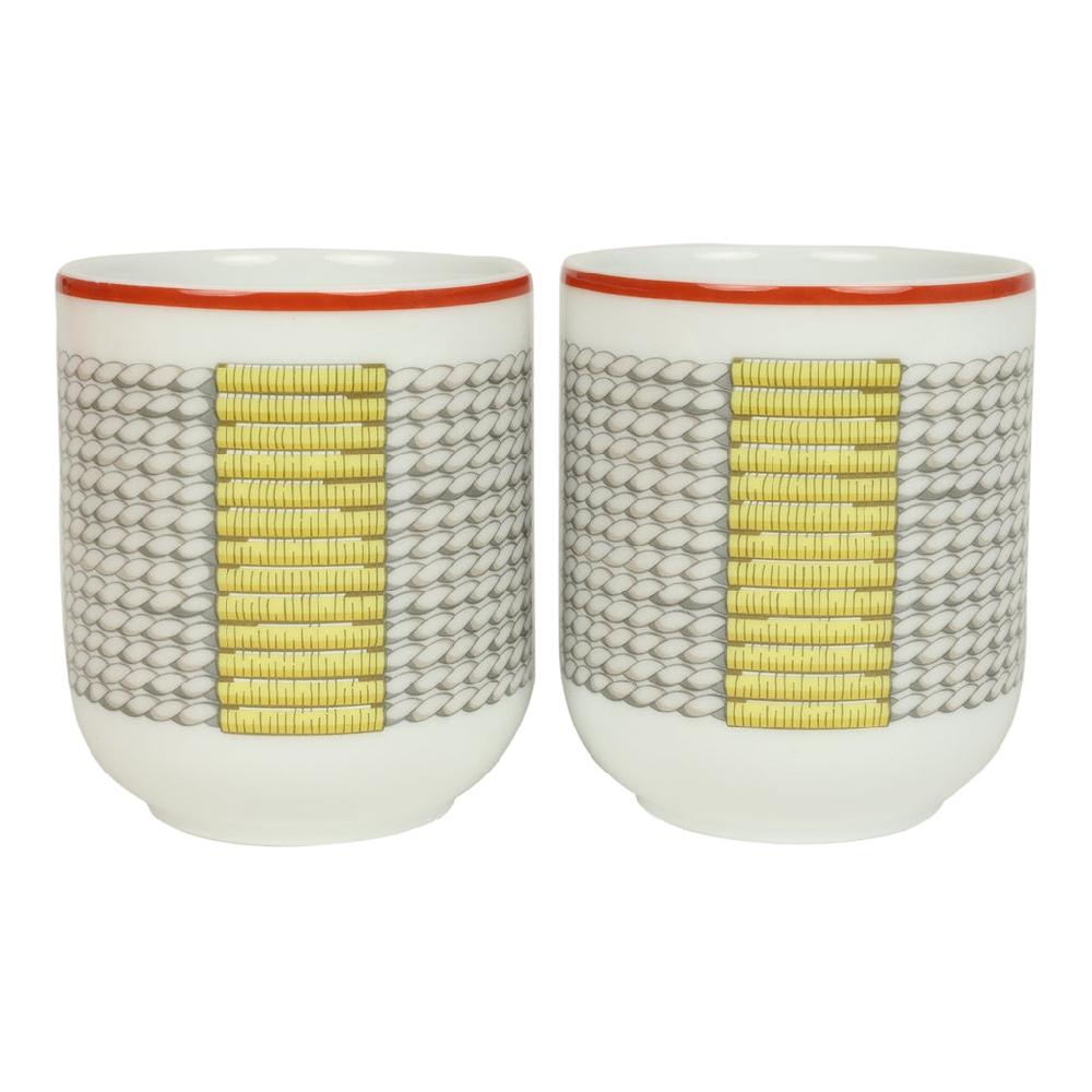 Hermes "Tressages Equestres" Orange White And Blue Porcelain Coffee Cup & Saucer Set Of 2