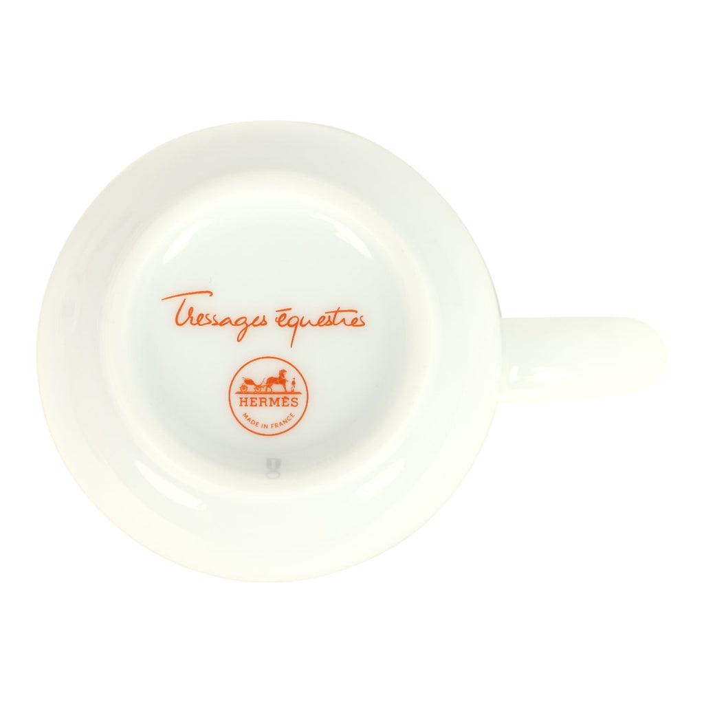 Hermes "Tressages Equestres" Orange White And Blue Porcelain Coffee Cup & Saucer Set Of 2