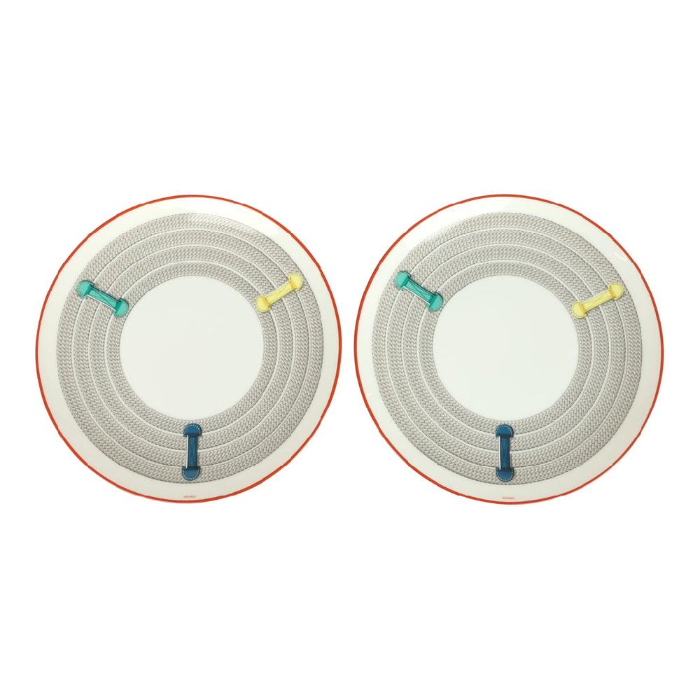 Hermes "Tressages Equestres" Orange White and Blue Porcelain Dessert Plate Set of 2