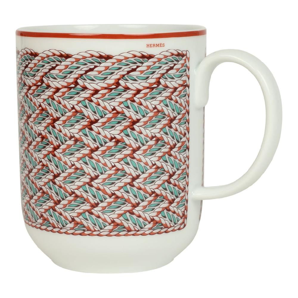 Hermes "Tressages Equestres" Orange White and Blue Porcelain Mug N°2