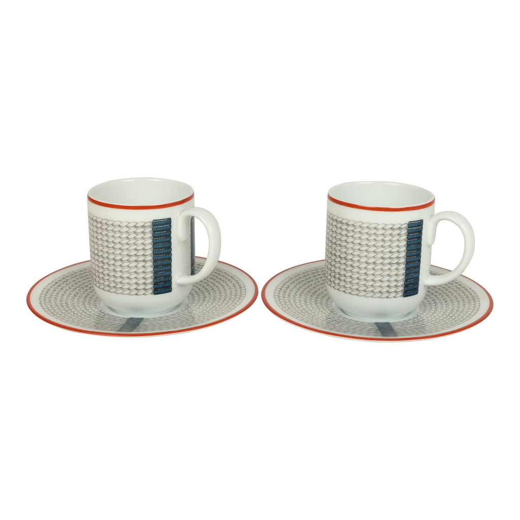 Hermes "Tressages Equestres" Orange White and Blue Porcelain Coffee Cup & Saucer Set of 2