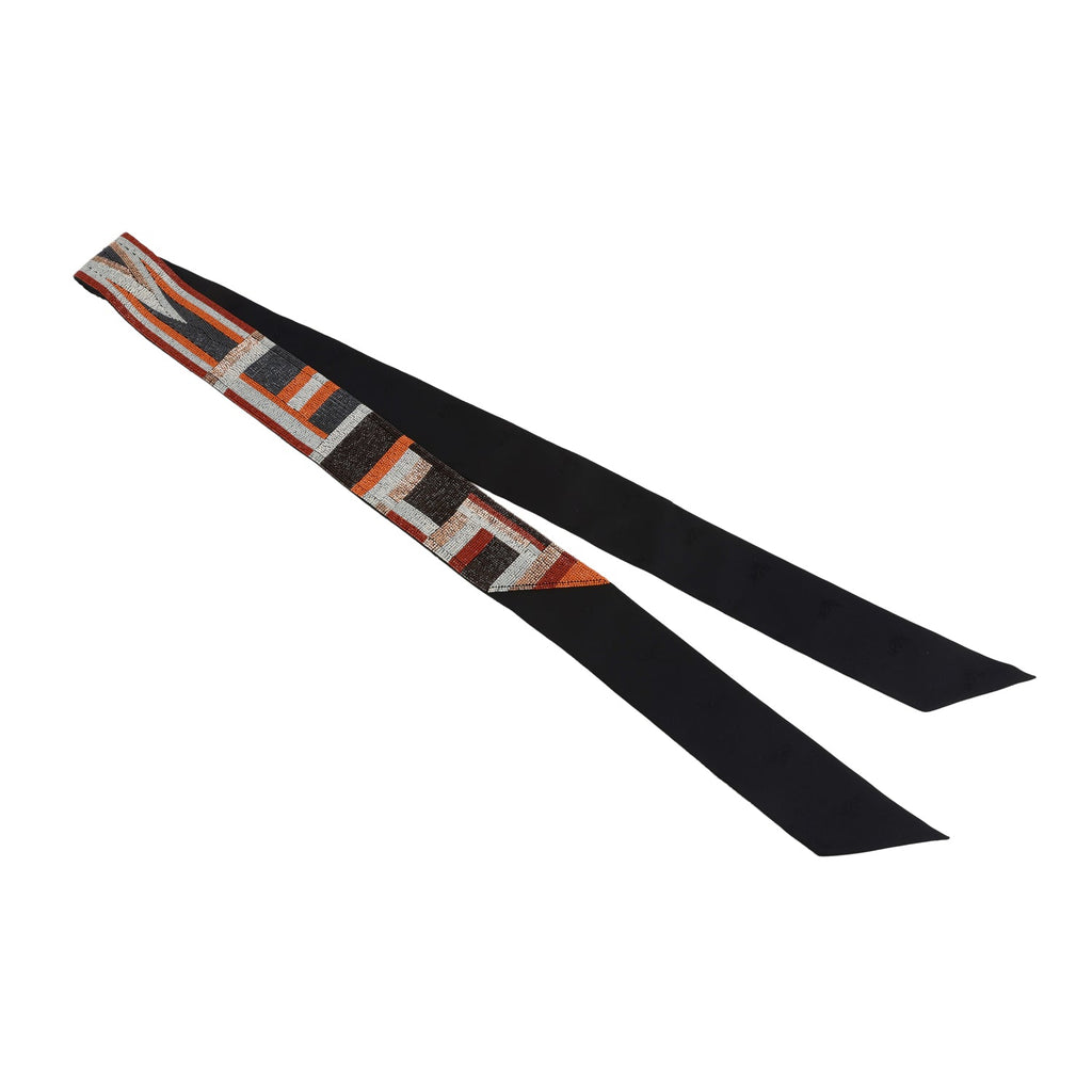 Hermes "Tresses H" Embroidered Black Rouge H And Argent Silk Twilly