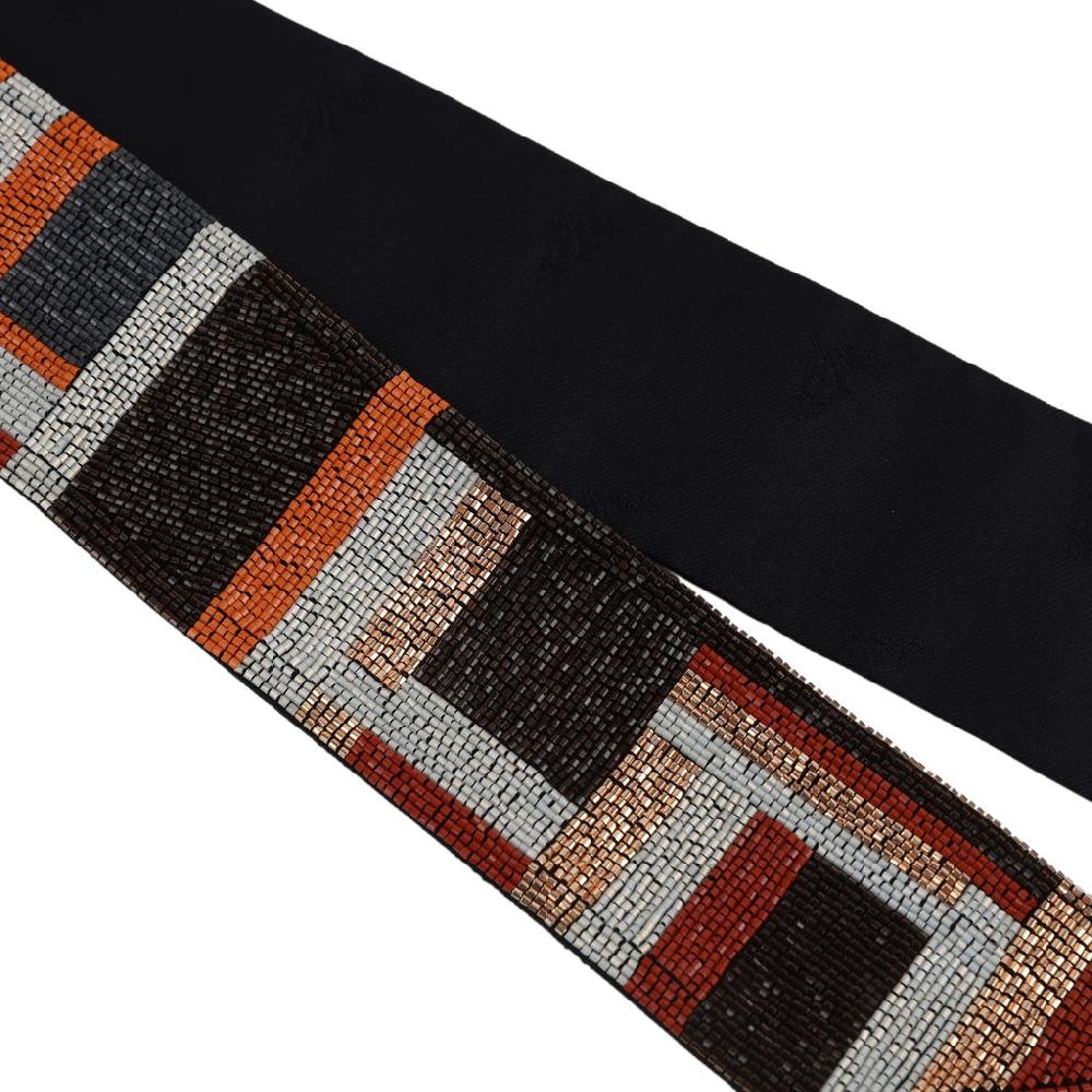 Hermes "Tresses H" Embroidered Black Rouge H And Argent Silk Twilly