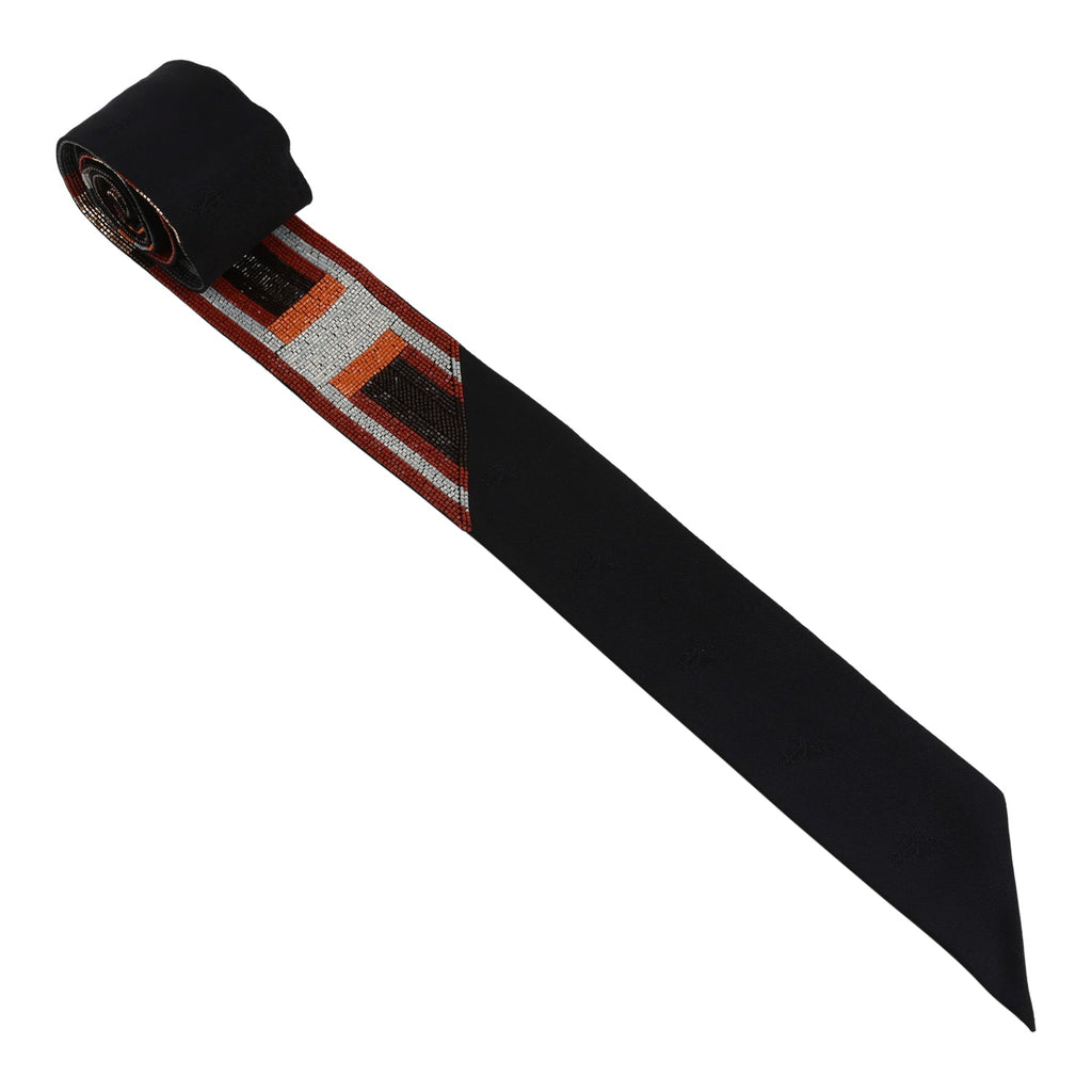 Hermes "Tresses H" Embroidered Black Rouge H And Argent Silk Twilly