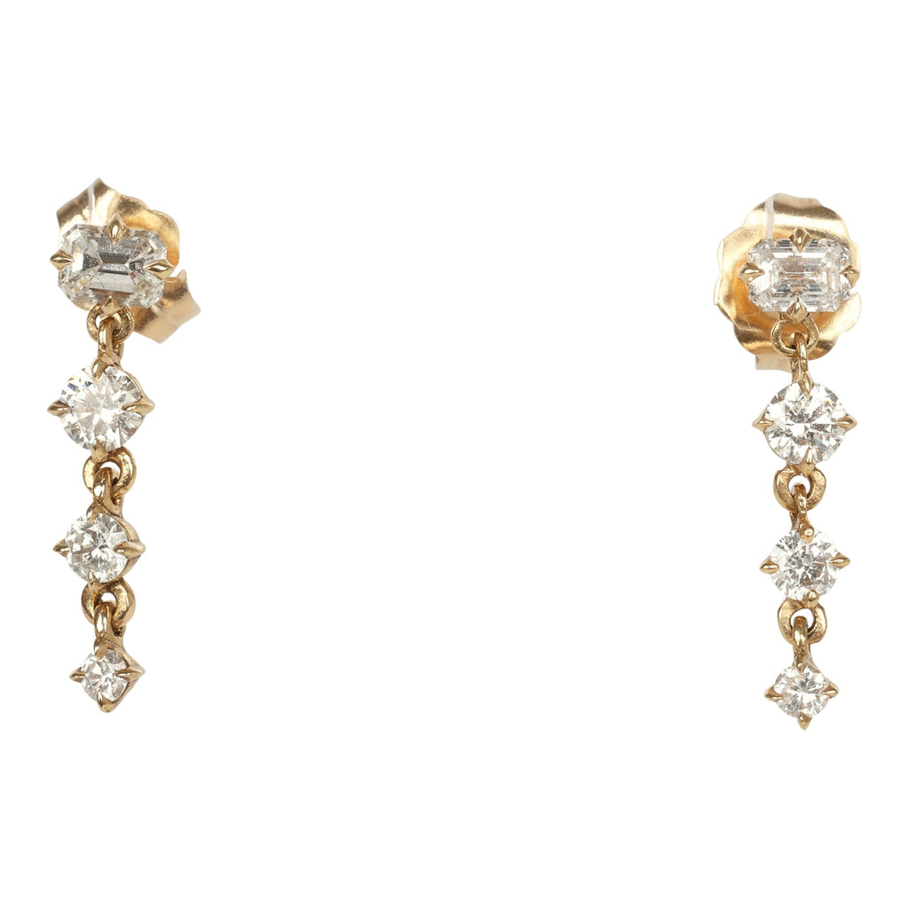 Lizzie Mandler Emerald Cut and Round Diamond Long Drop Earrings