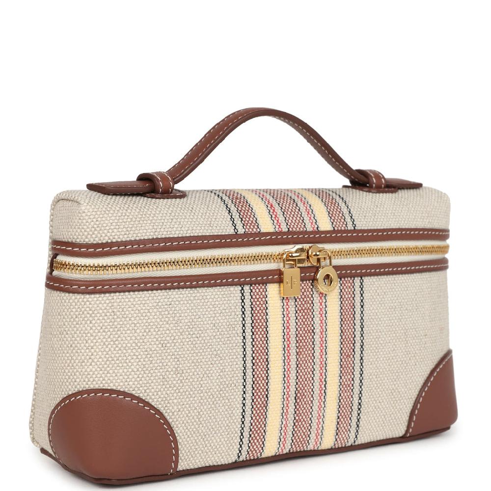 Loro Piana Extra Pocket L19 Pouch Record And Caramel Sugar Canvas Stripes Gold Hardware