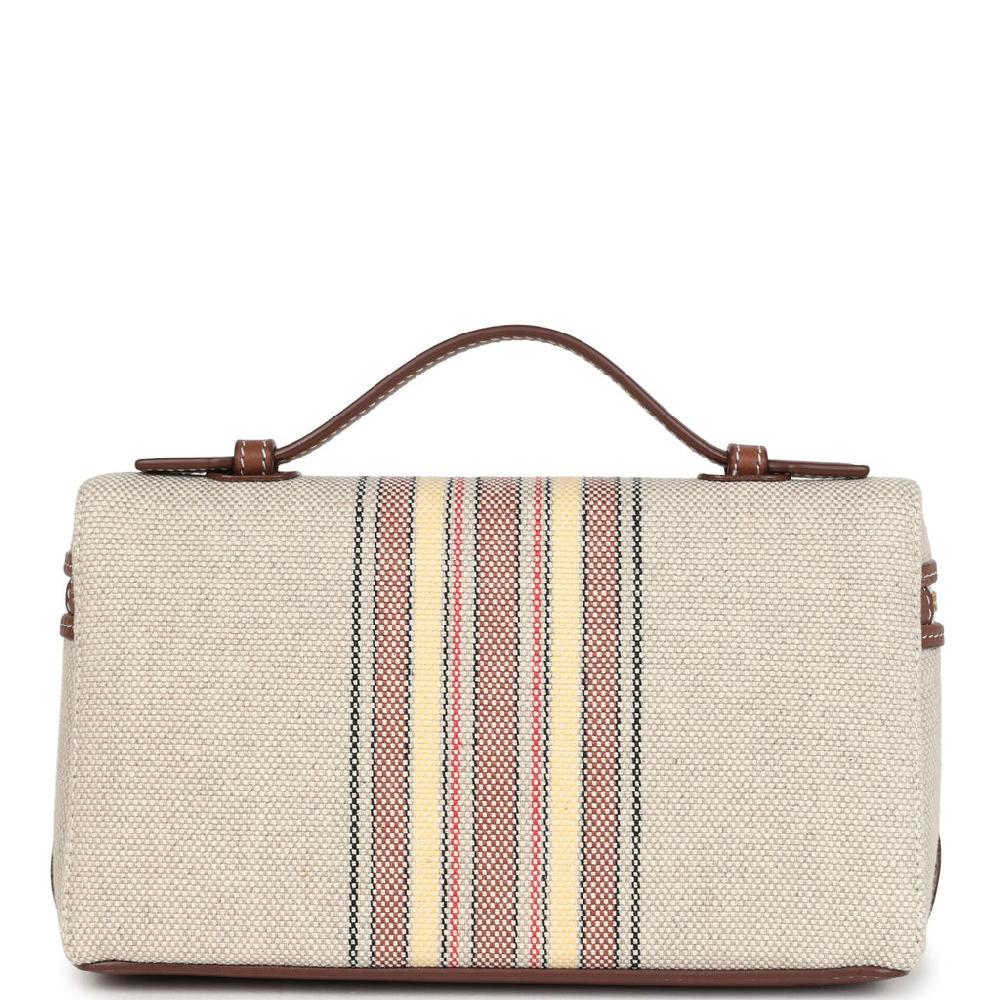 Loro Piana Extra Pocket L19 Pouch Record And Caramel Sugar Canvas Stripes Gold Hardware