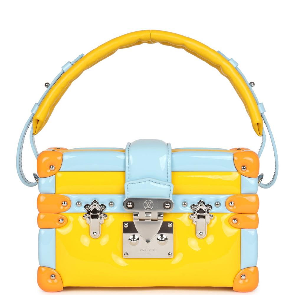 Louis Vuitton Petite Malle Handbag Light Blue & Yellow Glossy Calfskin Silver Hardware
