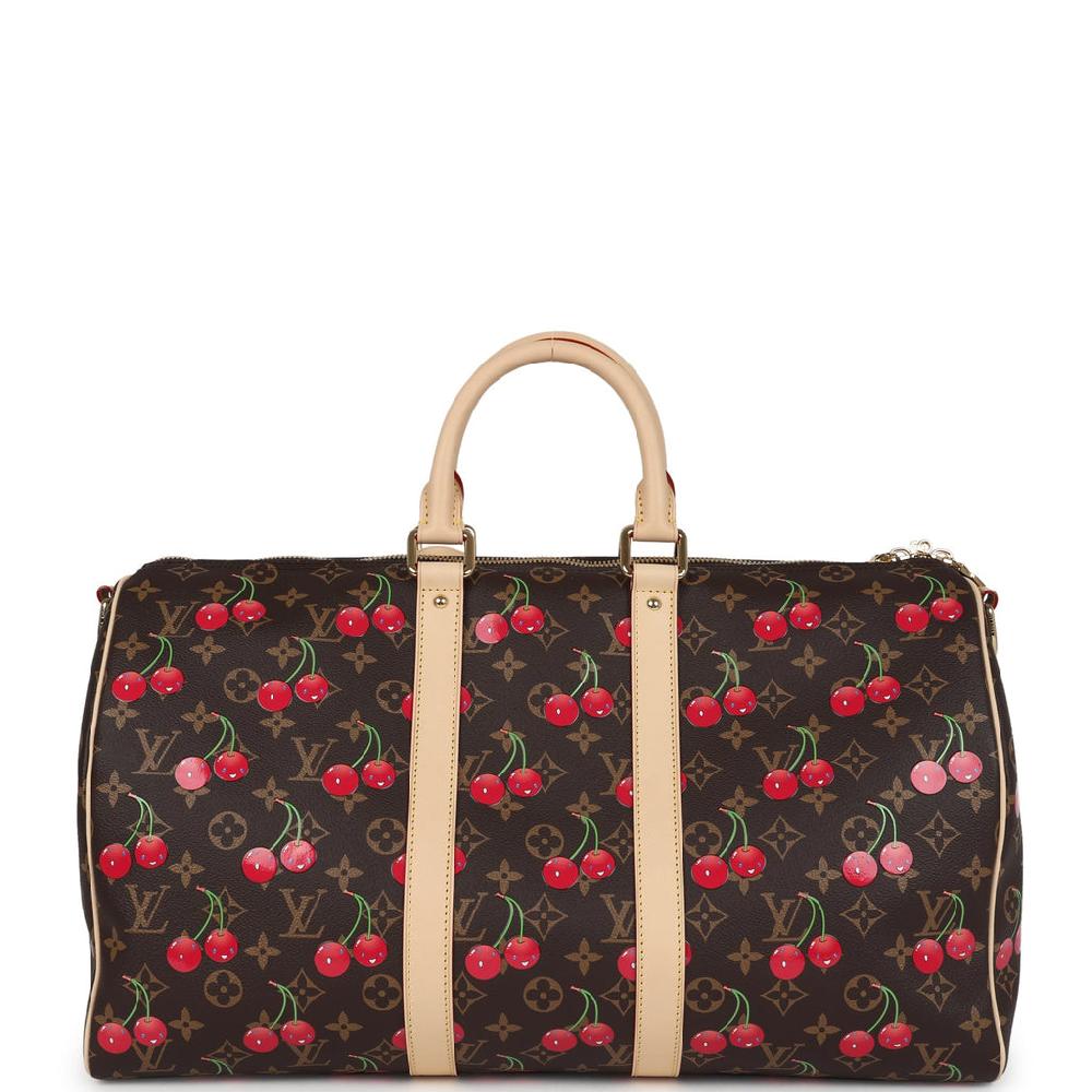 Louis Vuitton X Murakami Keepall Bandouliere 45 Red And Brown Cherry Monogram Gold Hardware