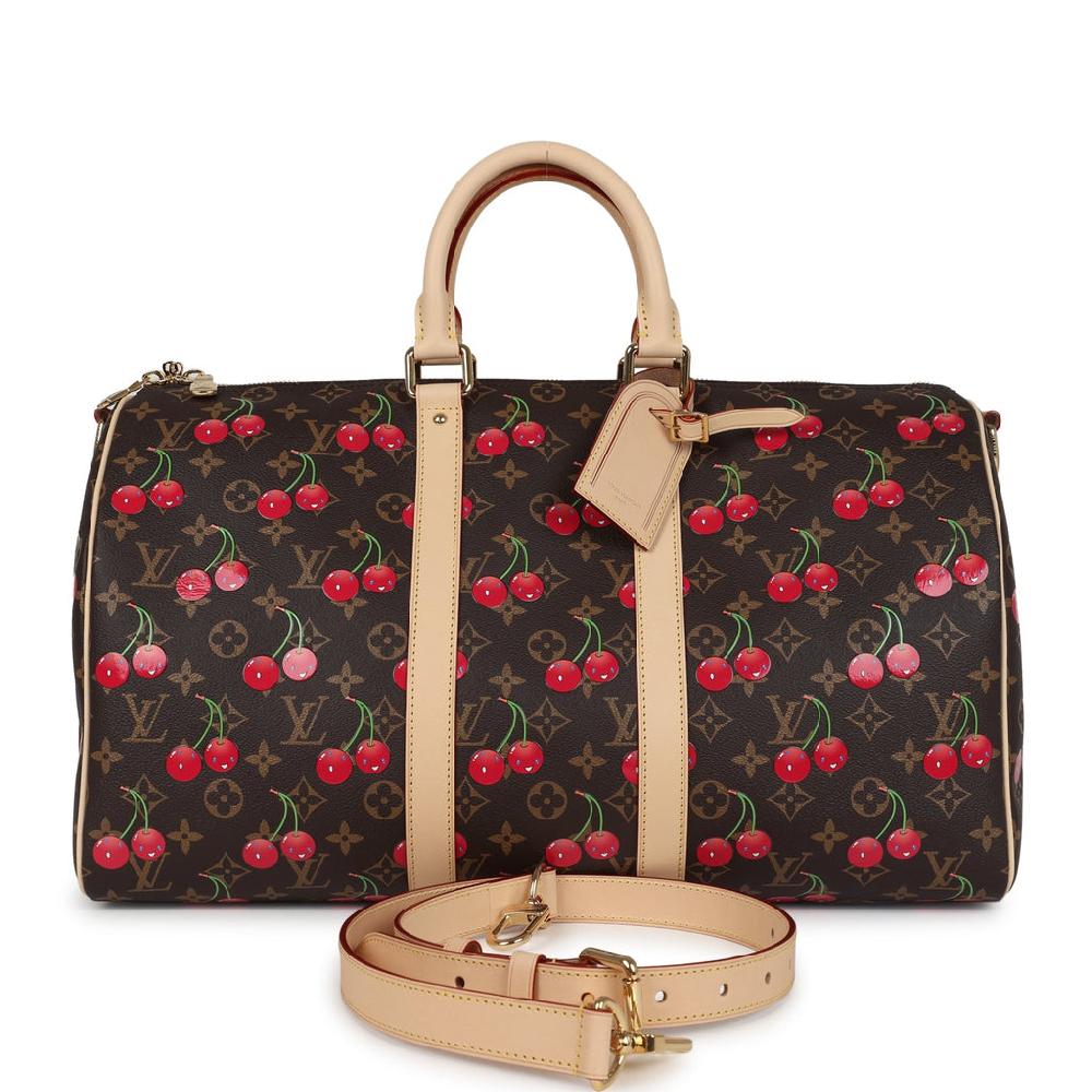 Louis Vuitton X Murakami Keepall Bandouliere 45 Red and Brown Cherry Monogram Gold Hardware