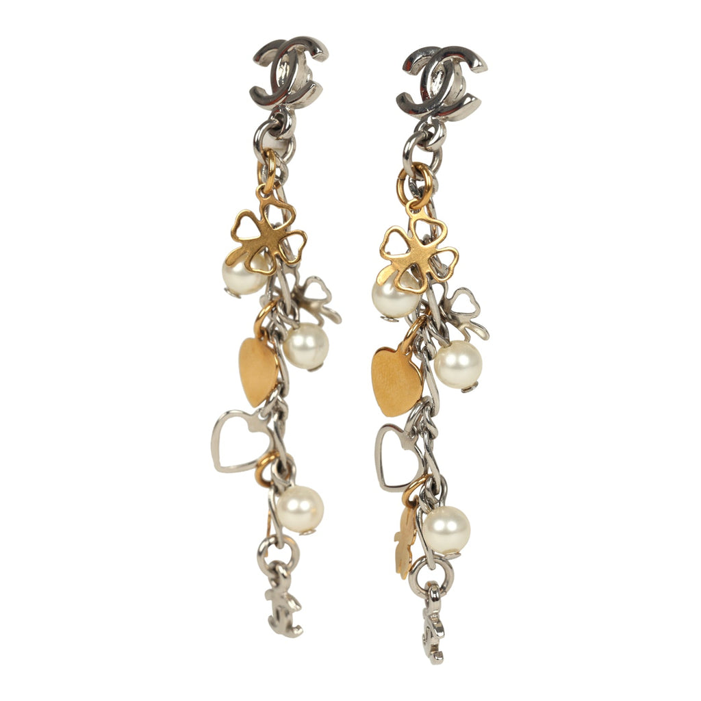 Pre-owned Chanel CC Clovers & Hearts Dangle Earrings Mixed Metal Hardware