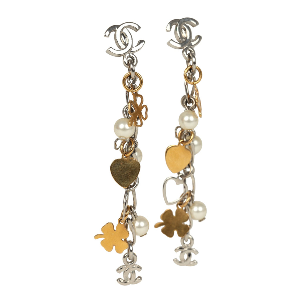 Pre-owned Chanel CC Clovers & Hearts Dangle Earrings Mixed Metal Hardware