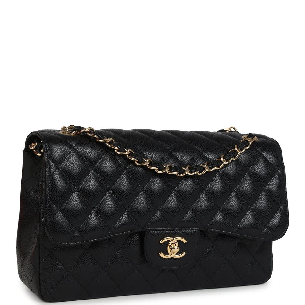 Pre-owned Chanel Jumbo Classic Double Flap Bag Black Caviar Gold Hardware