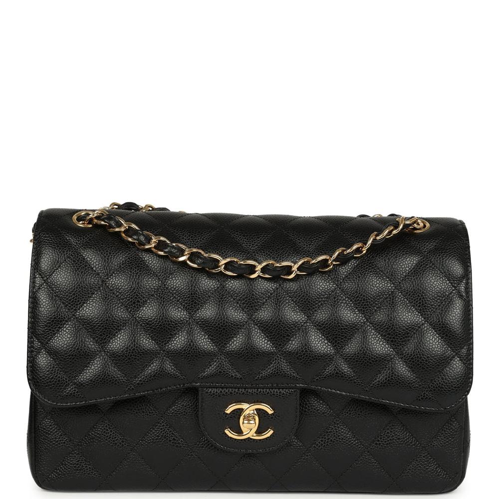 Pre-owned Chanel Jumbo Classic Double Flap Bag Black Caviar Gold Hardware