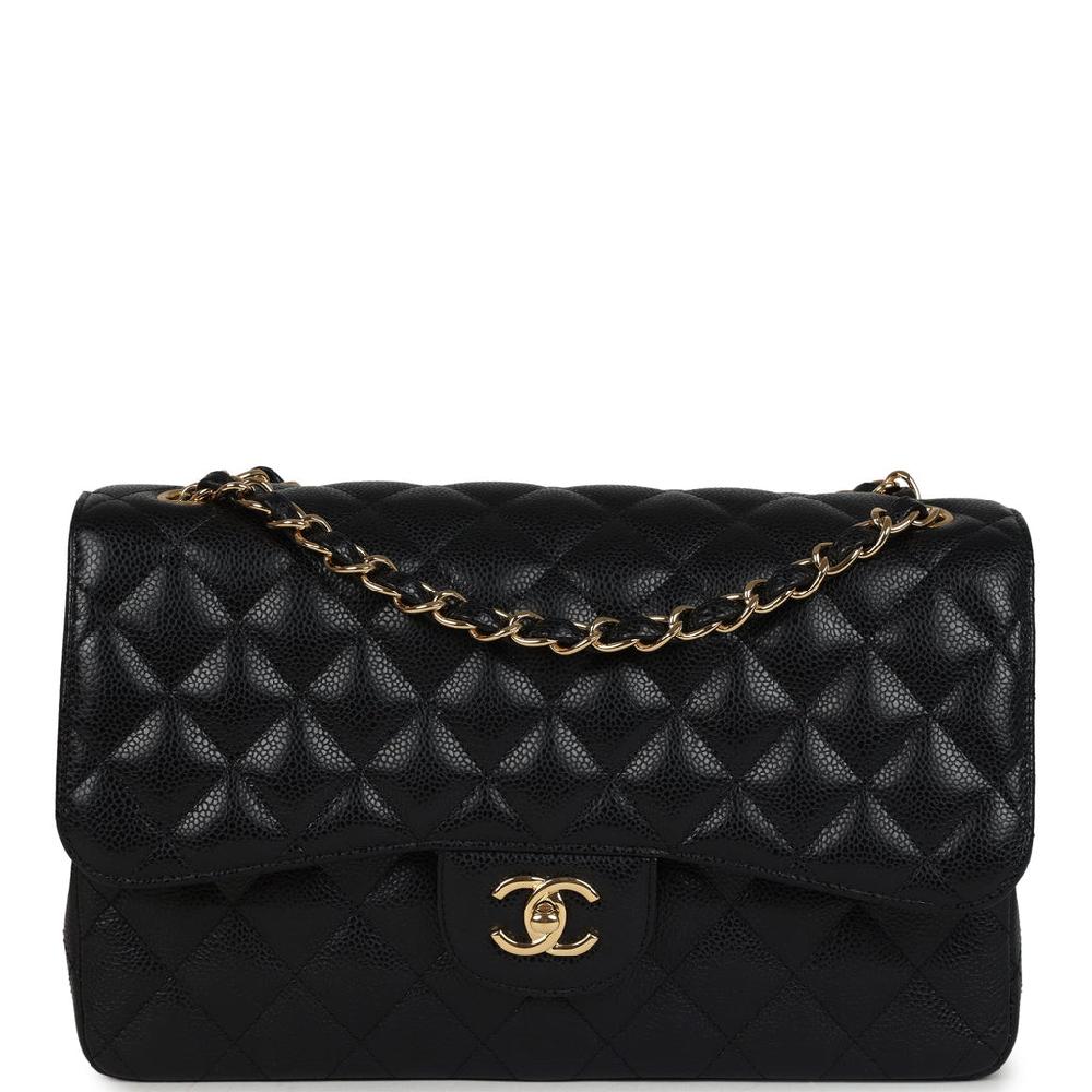 Pre-owned Chanel Jumbo Classic Double Flap Bag Black Caviar Gold Hardware