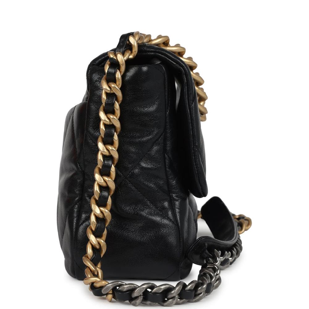 Pre-owned Chanel Large 19 Flap Bag Black Shiny Lambskin Mixed Metal Hardware