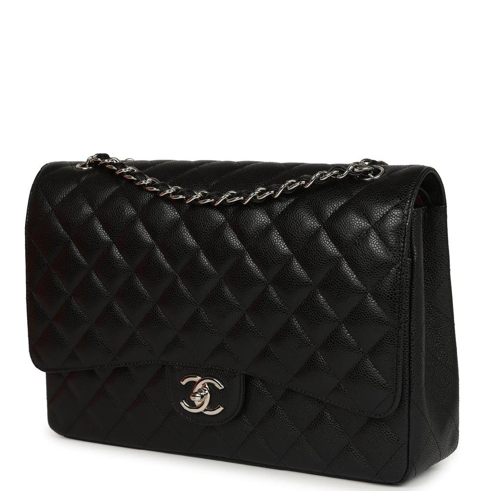 Pre-owned Chanel Maxi Classic Double Flap Bag Black Caviar Silver Hardware