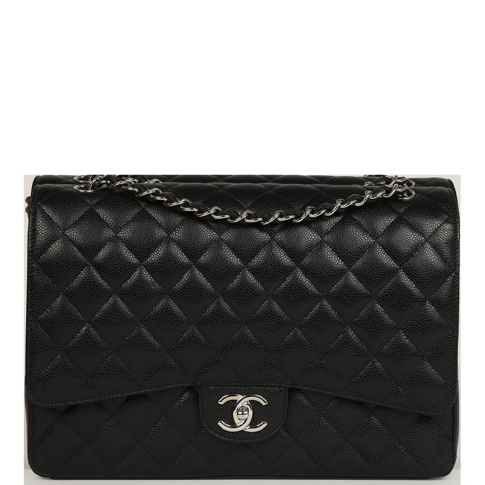 Pre-owned Chanel Maxi Classic Double Flap Bag Black Caviar Silver Hardware