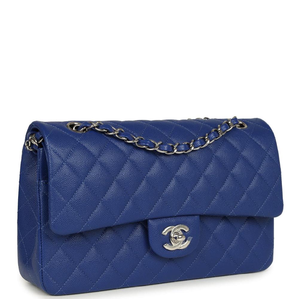 Pre-owned Chanel Medium Classic Double Flap Bag Blue Shiny Caviar Silver Hardware