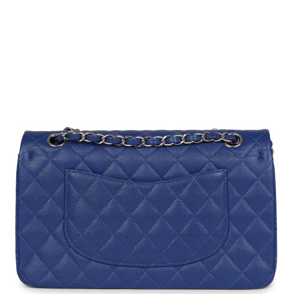 Pre-owned Chanel Medium Classic Double Flap Bag Blue Shiny Caviar Silver Hardware