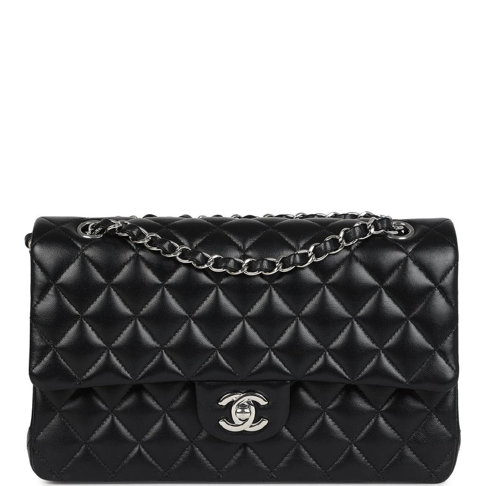 Pre-owned Chanel Medium Classic Double Flap Bag Black Lambskin Silver Hardware
