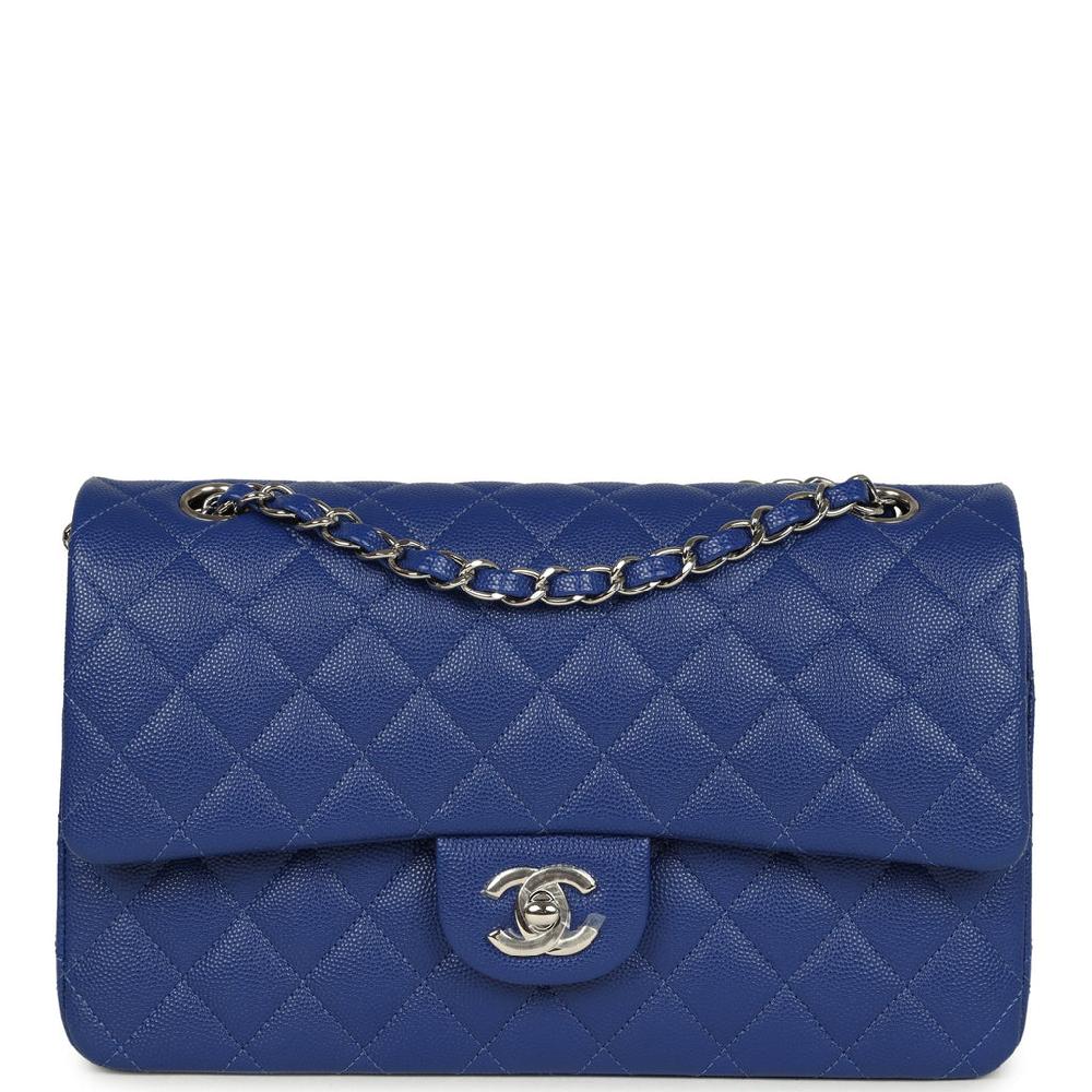 Pre-owned Chanel Medium Classic Double Flap Bag Blue Shiny Caviar Silver Hardware