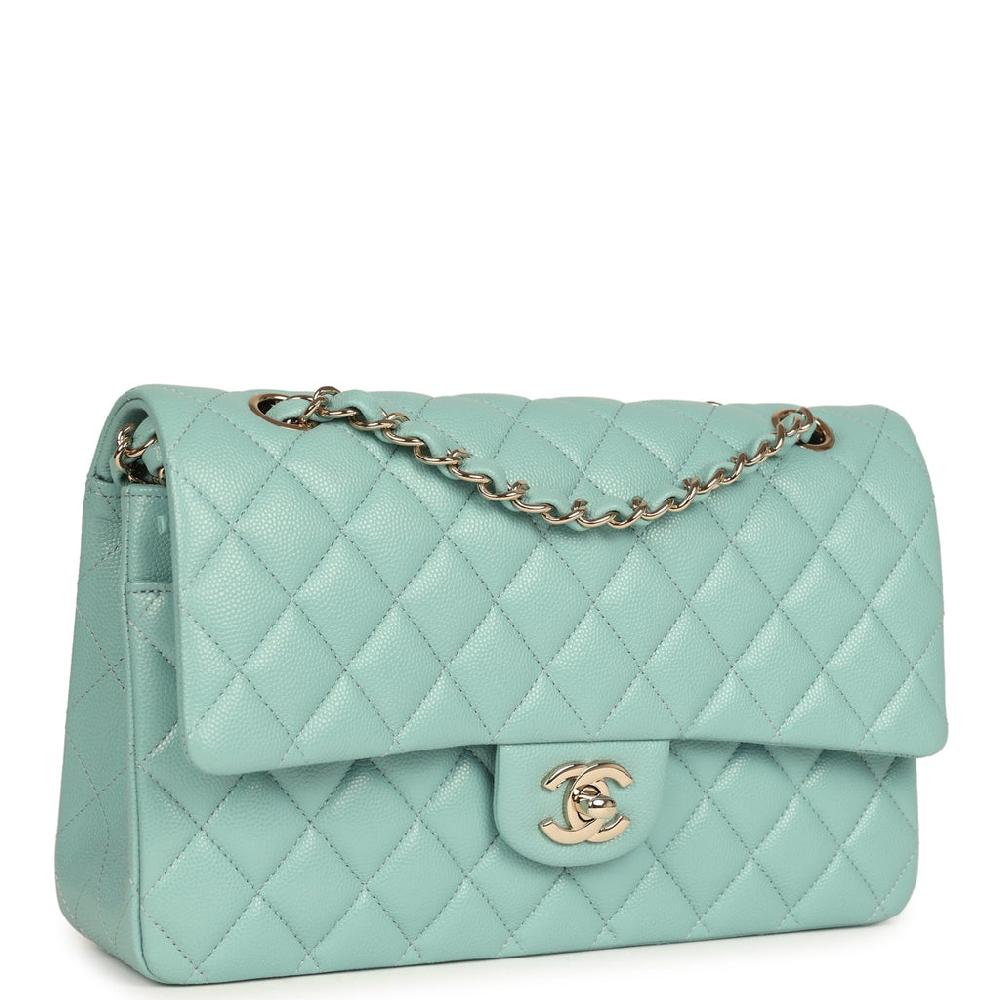 Pre-owned Chanel Medium Classic Double Flap Bag Light Blue Caviar Silver Hardware