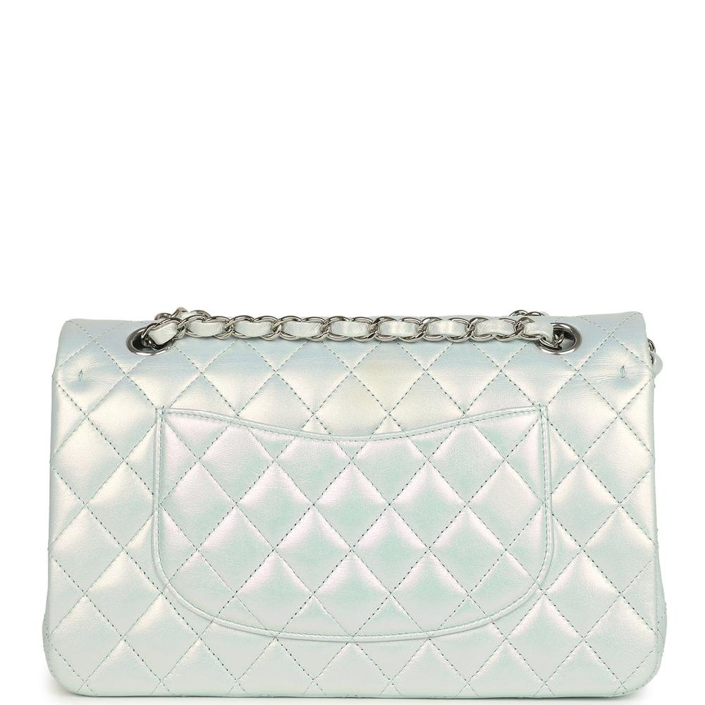 Pre-owned Chanel Medium Classic Double Flap Bag Light Blue Iridescent Calfskin Silver Hardware