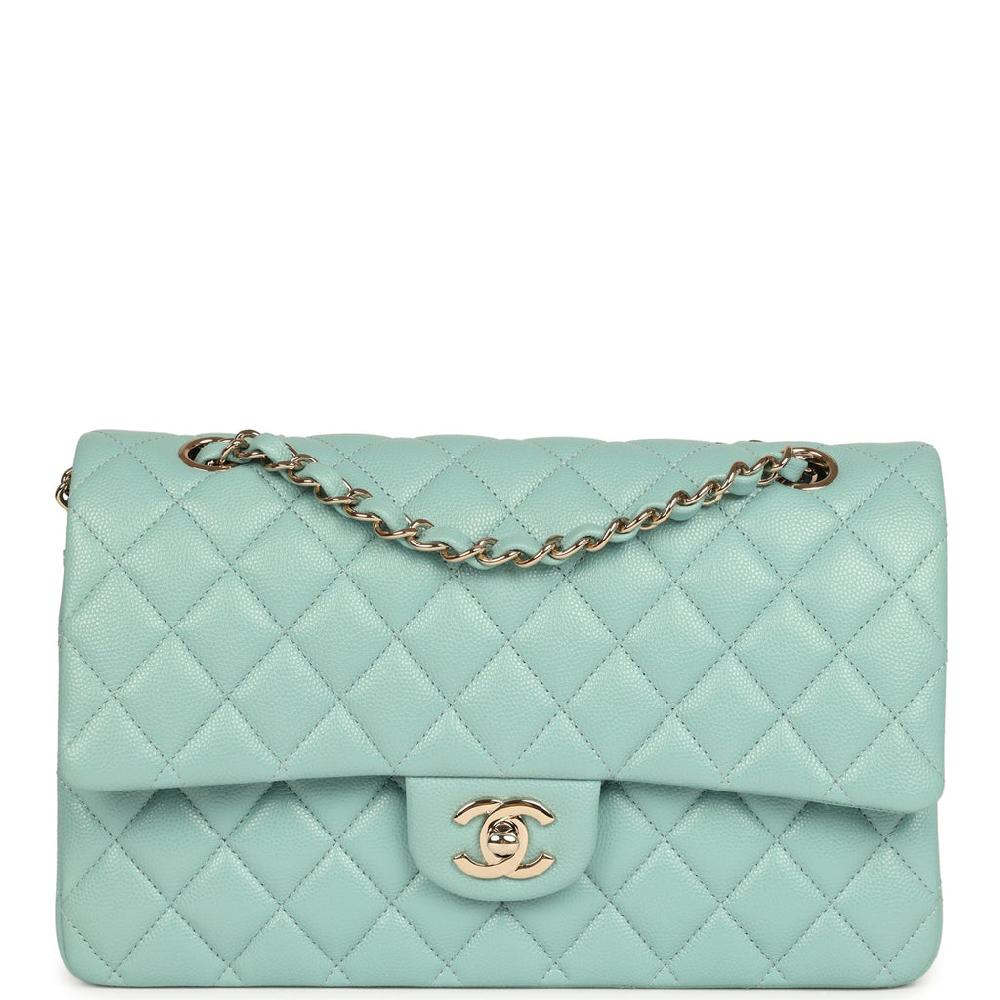Pre-owned Chanel Medium Classic Double Flap Bag Light Blue Caviar Silver Hardware