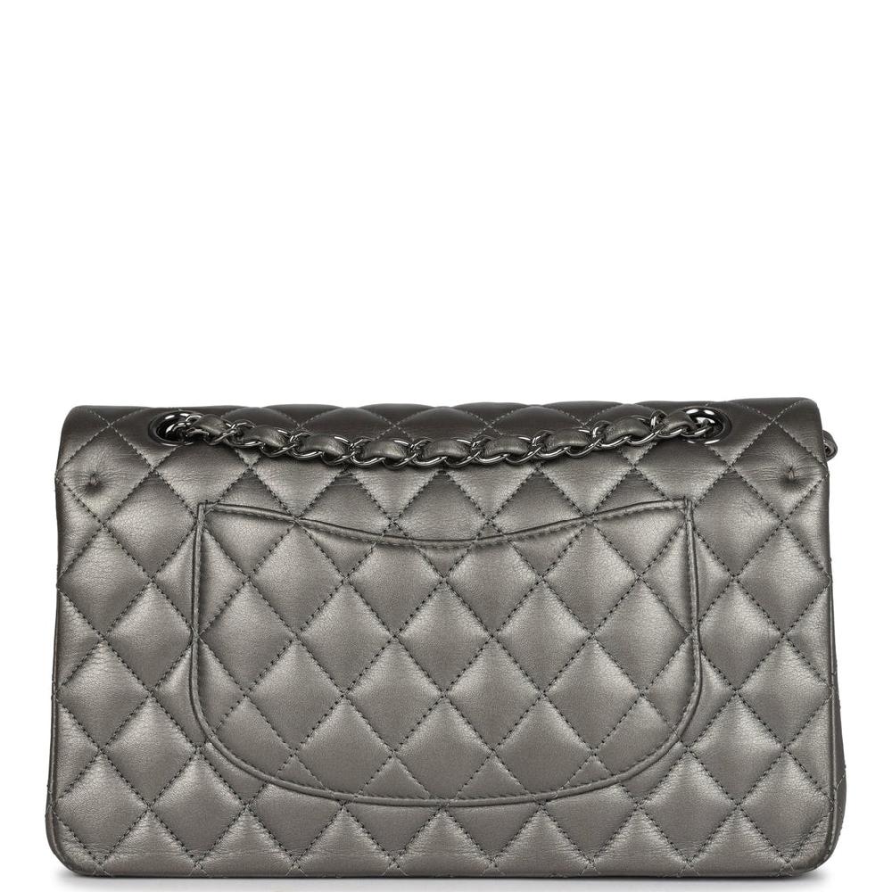 Pre-owned Chanel Medium Classic Double Flap Bag Metallic Grey Lambskin Silver Hardware