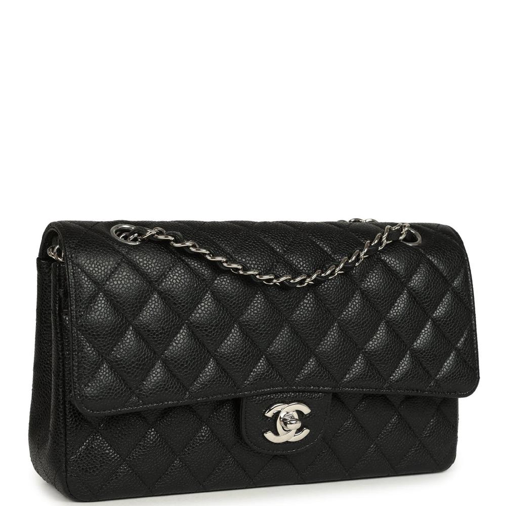 Pre-owned Chanel Medium Classic Double Flap Black Caviar Silver Hardware