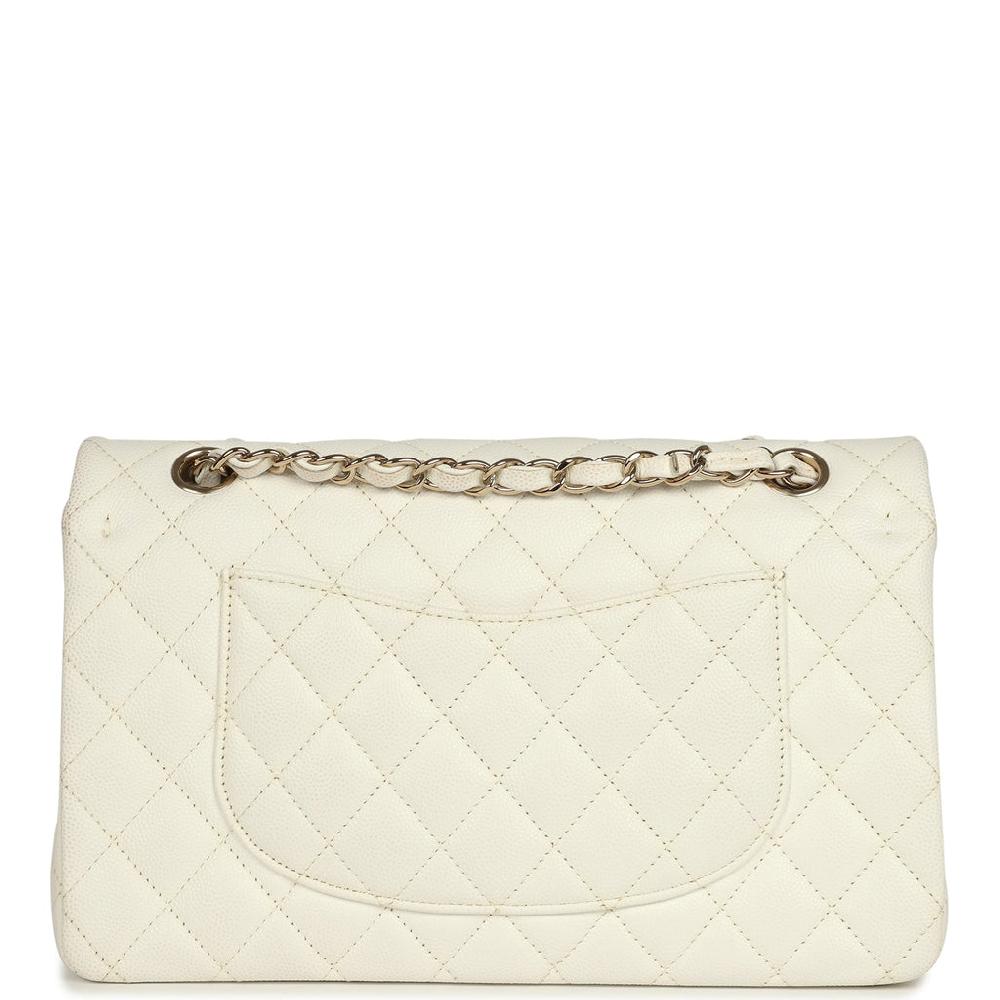 Pre-owned Chanel Medium Classic Double Flap White Caviar Light Gold Hardware