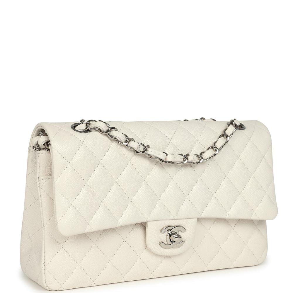 Pre-owned Chanel Medium Classic Double Flap White Shiny Caviar Silver Hardware