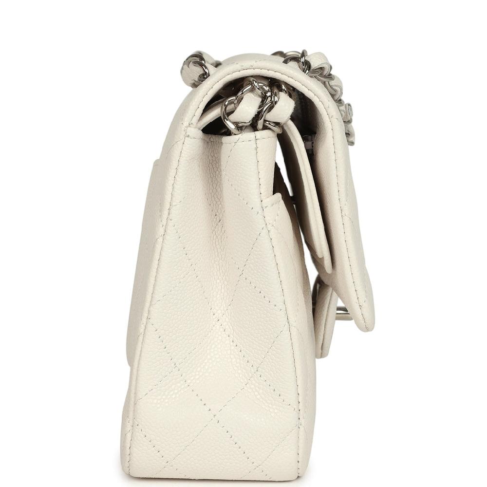 Pre-owned Chanel Medium Classic Double Flap White Shiny Caviar Silver Hardware
