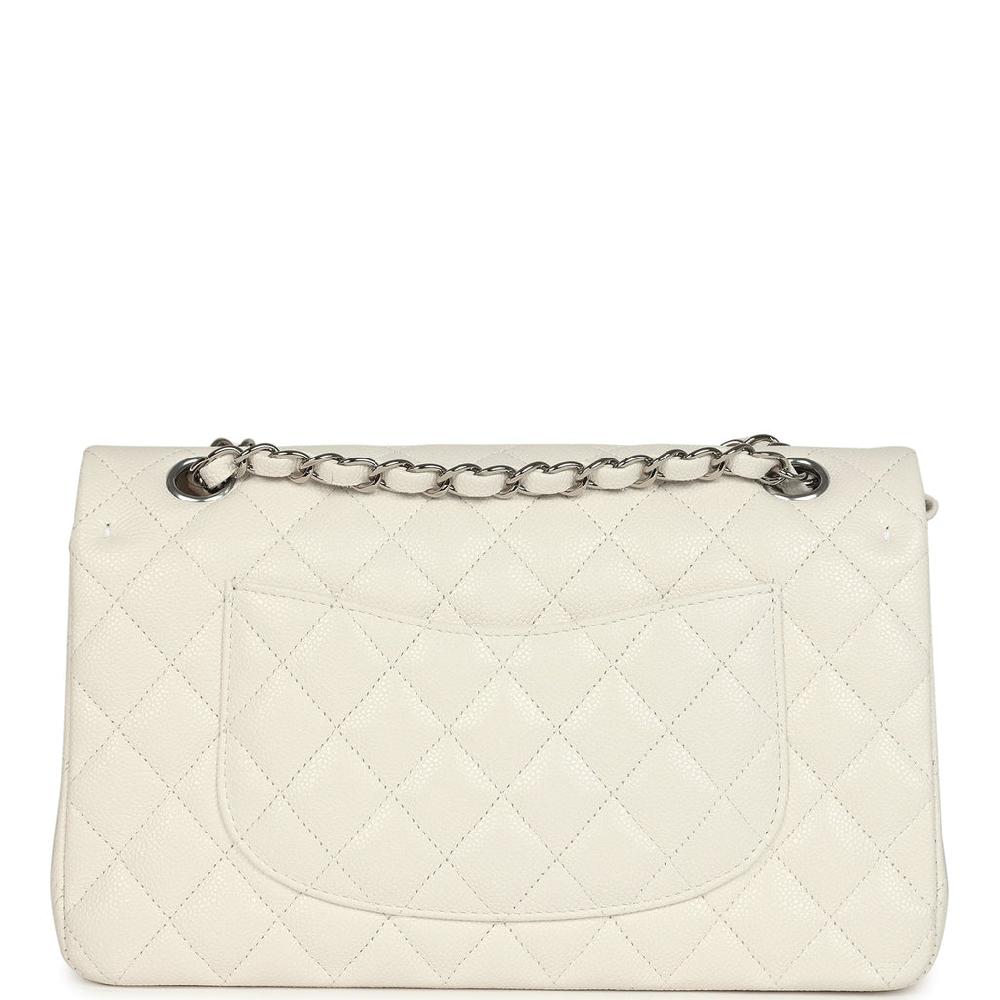 Pre-owned Chanel Medium Classic Double Flap White Shiny Caviar Silver Hardware