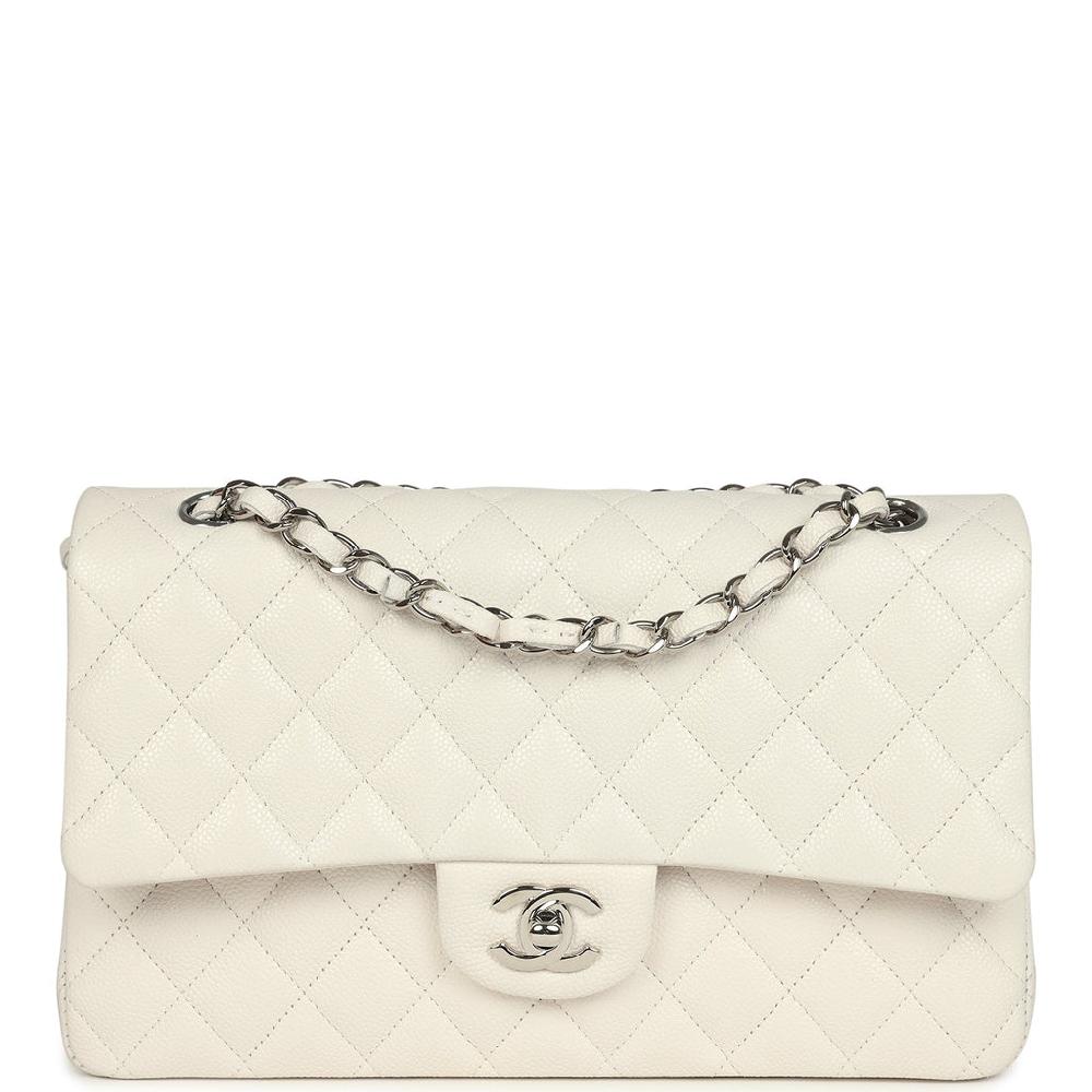 Pre-owned Chanel Medium Classic Double Flap White Shiny Caviar Silver Hardware