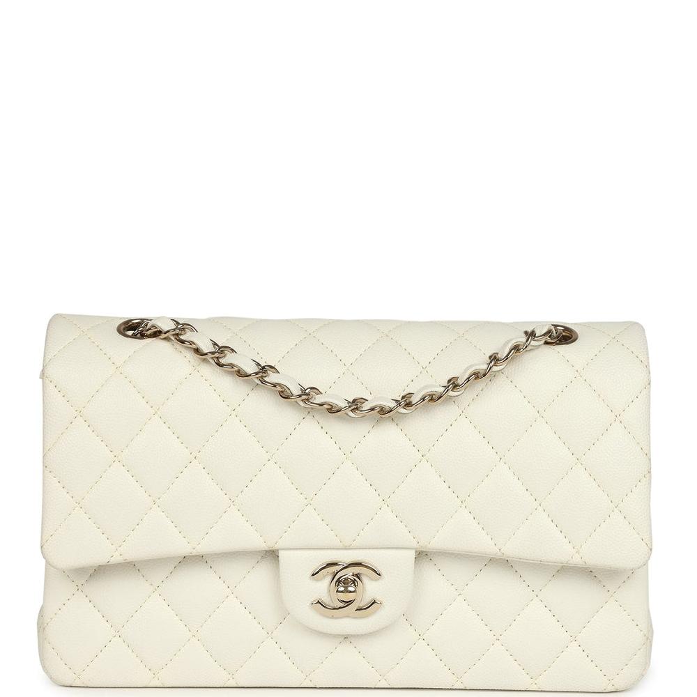 Pre-owned Chanel Medium Classic Double Flap White Caviar Light Gold Hardware