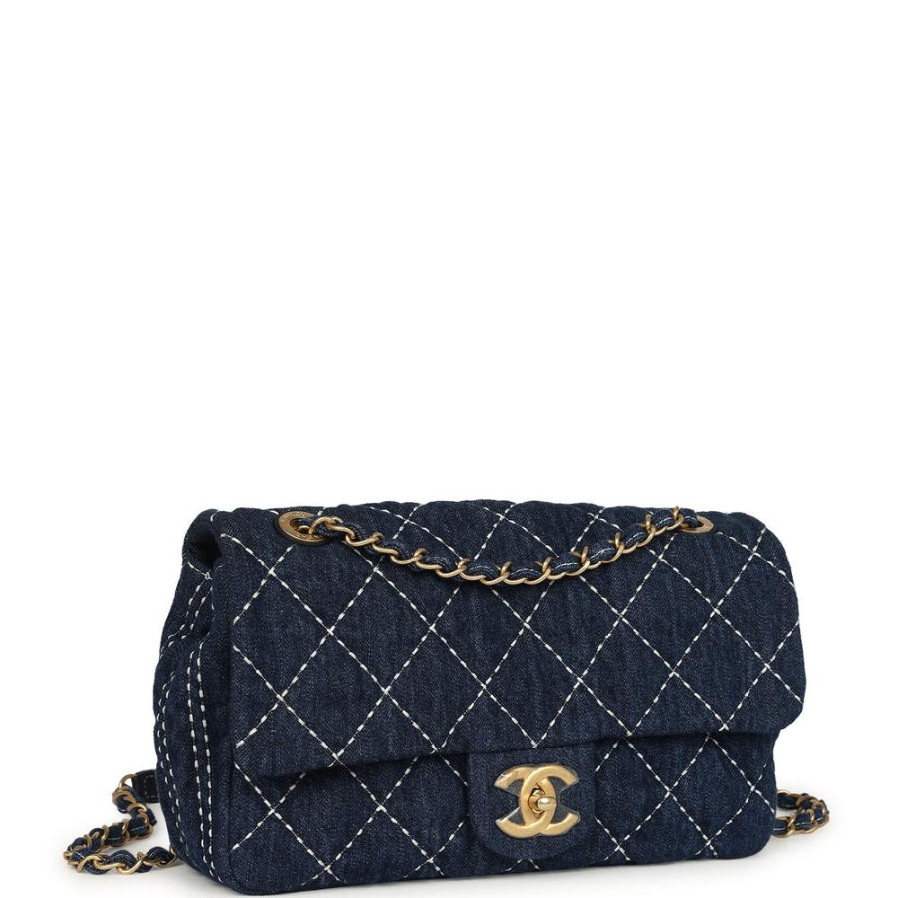 Pre-owned Chanel Medium Classic Flap Bag Blue Denim Aged Gold Hardware