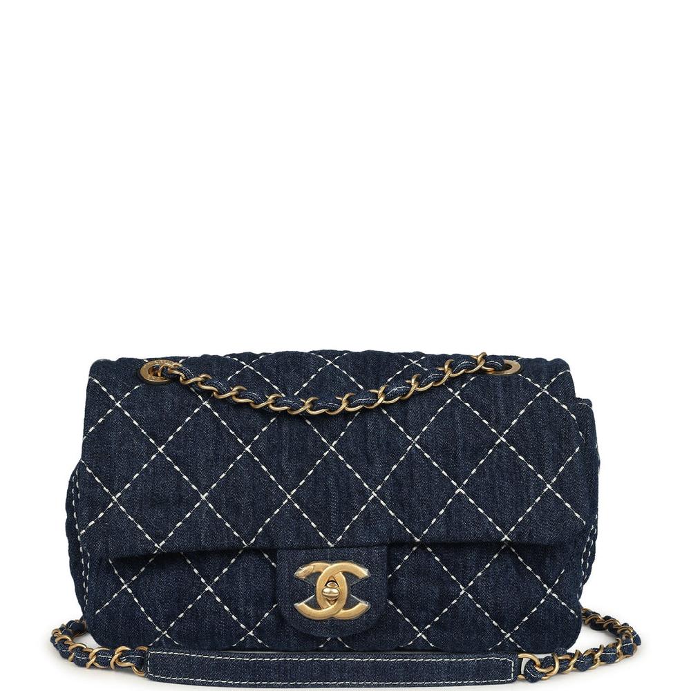 Pre-owned Chanel Medium Classic Flap Bag Blue Denim Aged Gold Hardware