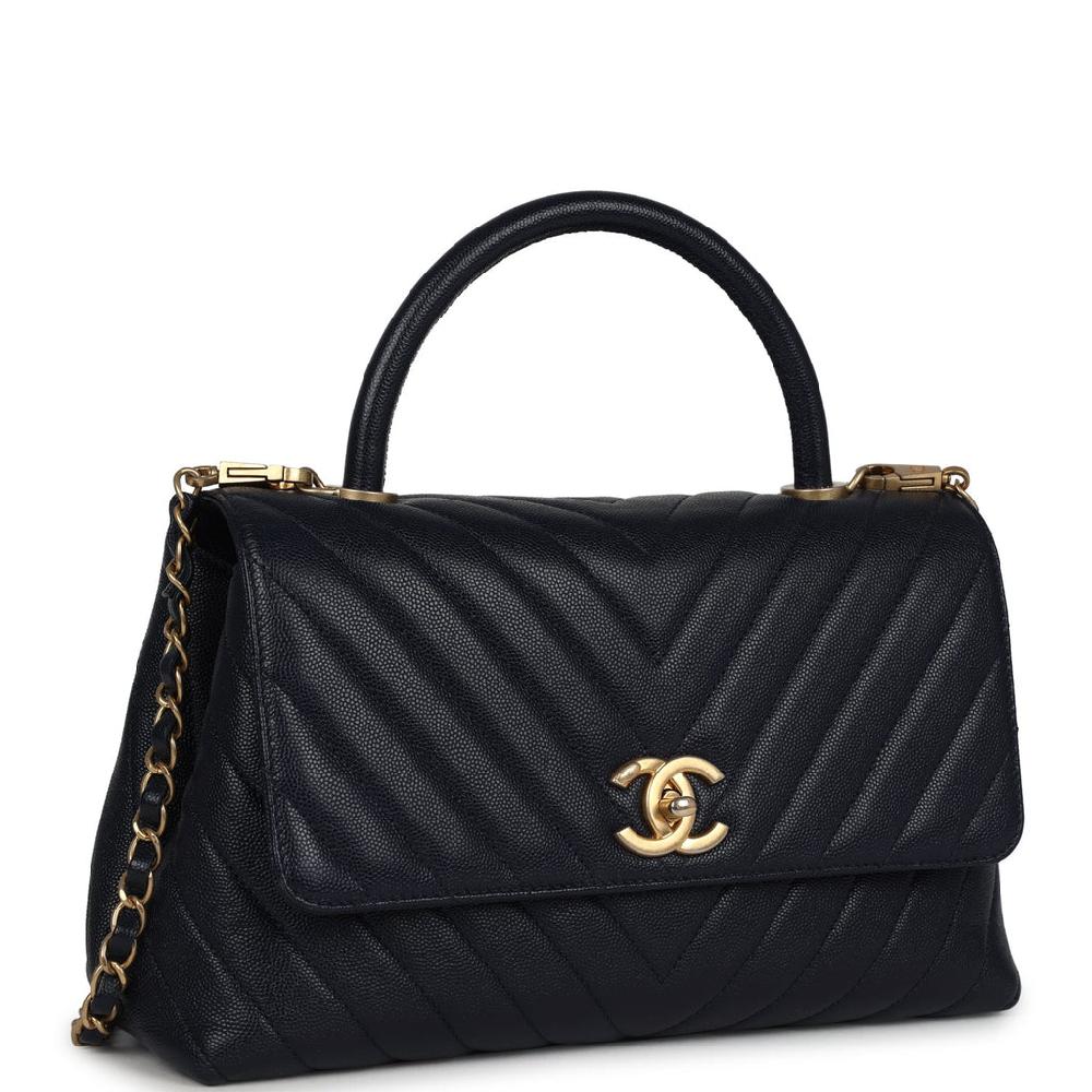 Pre-owned Chanel Medium Coco Top Handle Navy Blue Chevron Caviar Antique Gold Hardware