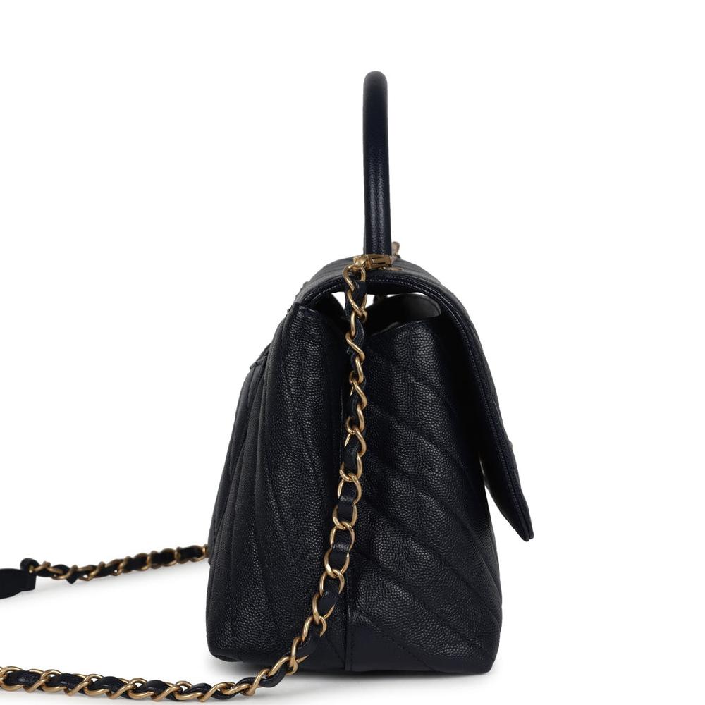 Pre-owned Chanel Medium Coco Top Handle Navy Blue Chevron Caviar Antique Gold Hardware