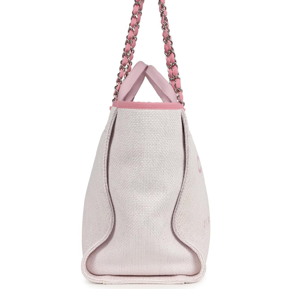 Pre-owned Chanel Medium Deauville Shopping Tote Light Pink Raffia And Canvas Silver Hardware