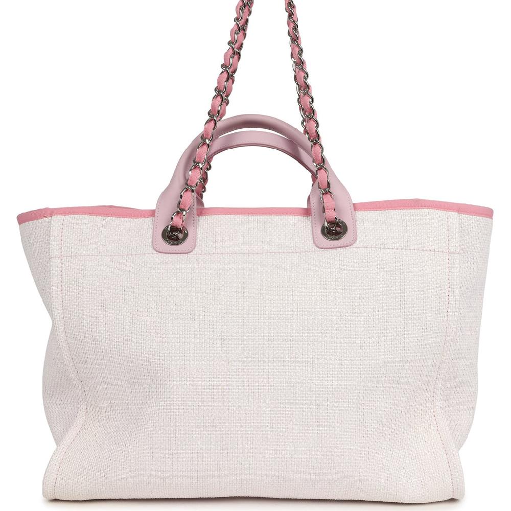 Pre-owned Chanel Medium Deauville Shopping Tote Light Pink Raffia And Canvas Silver Hardware