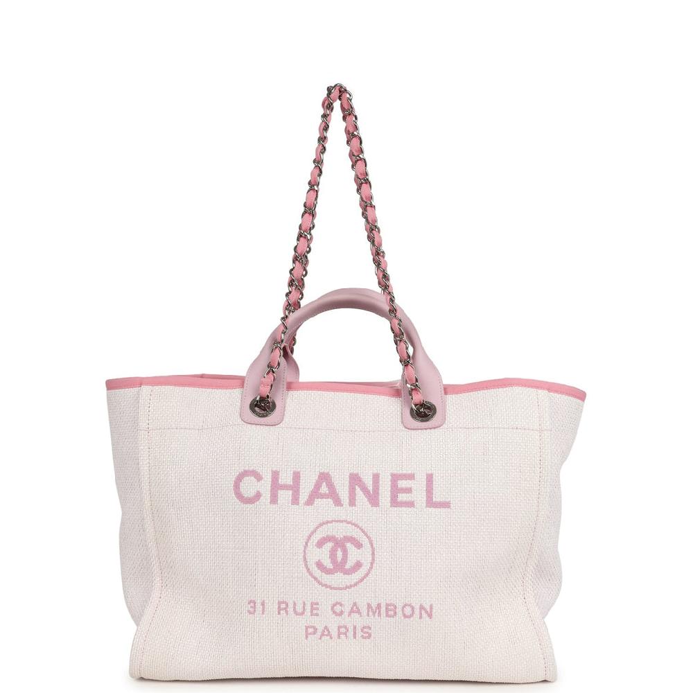 Pre-owned Chanel Medium Deauville Shopping Tote Light Pink Raffia and Canvas Silver Hardware