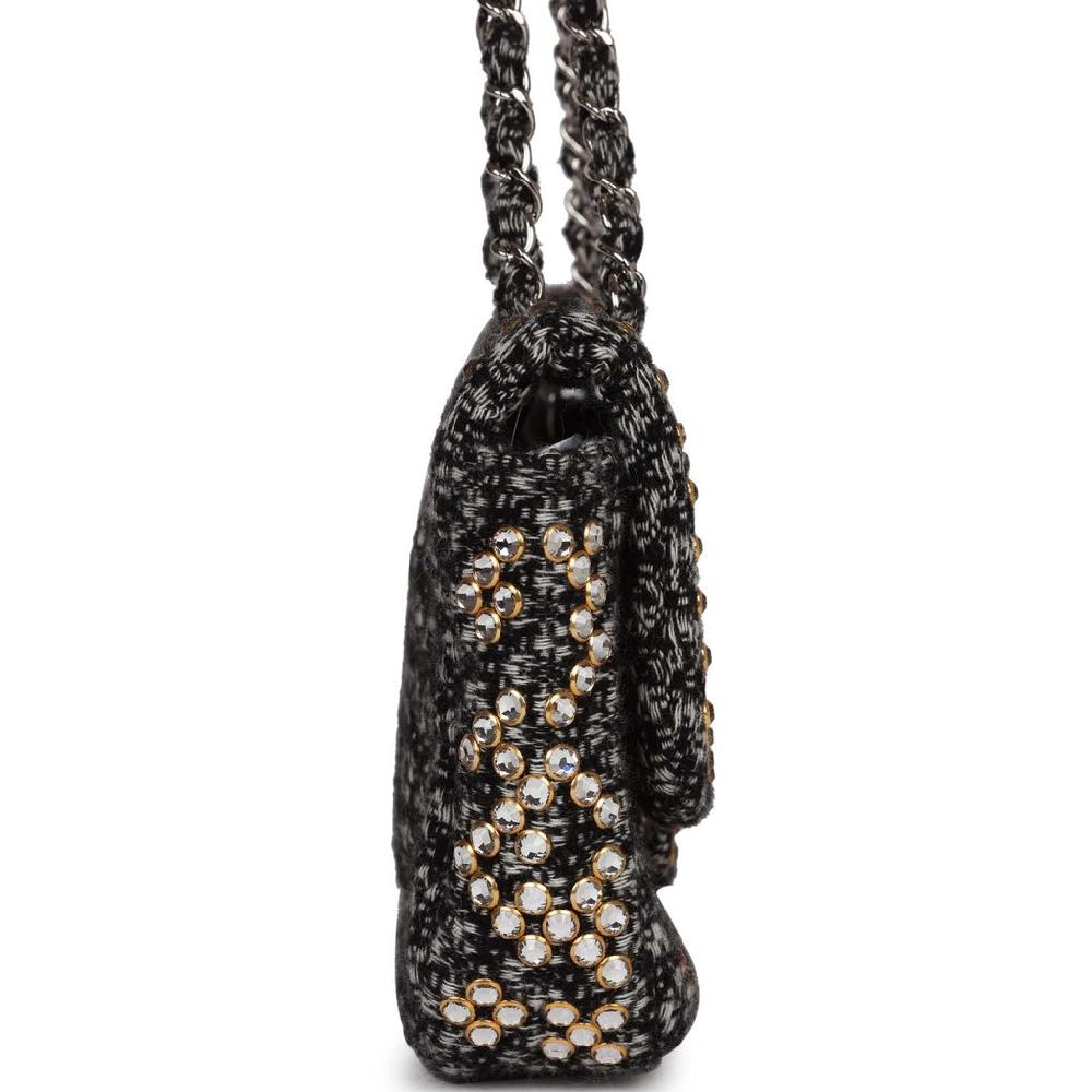 Pre-owned Chanel Medium Single Flap Black And White Tweed With Crystals Silver Hardware