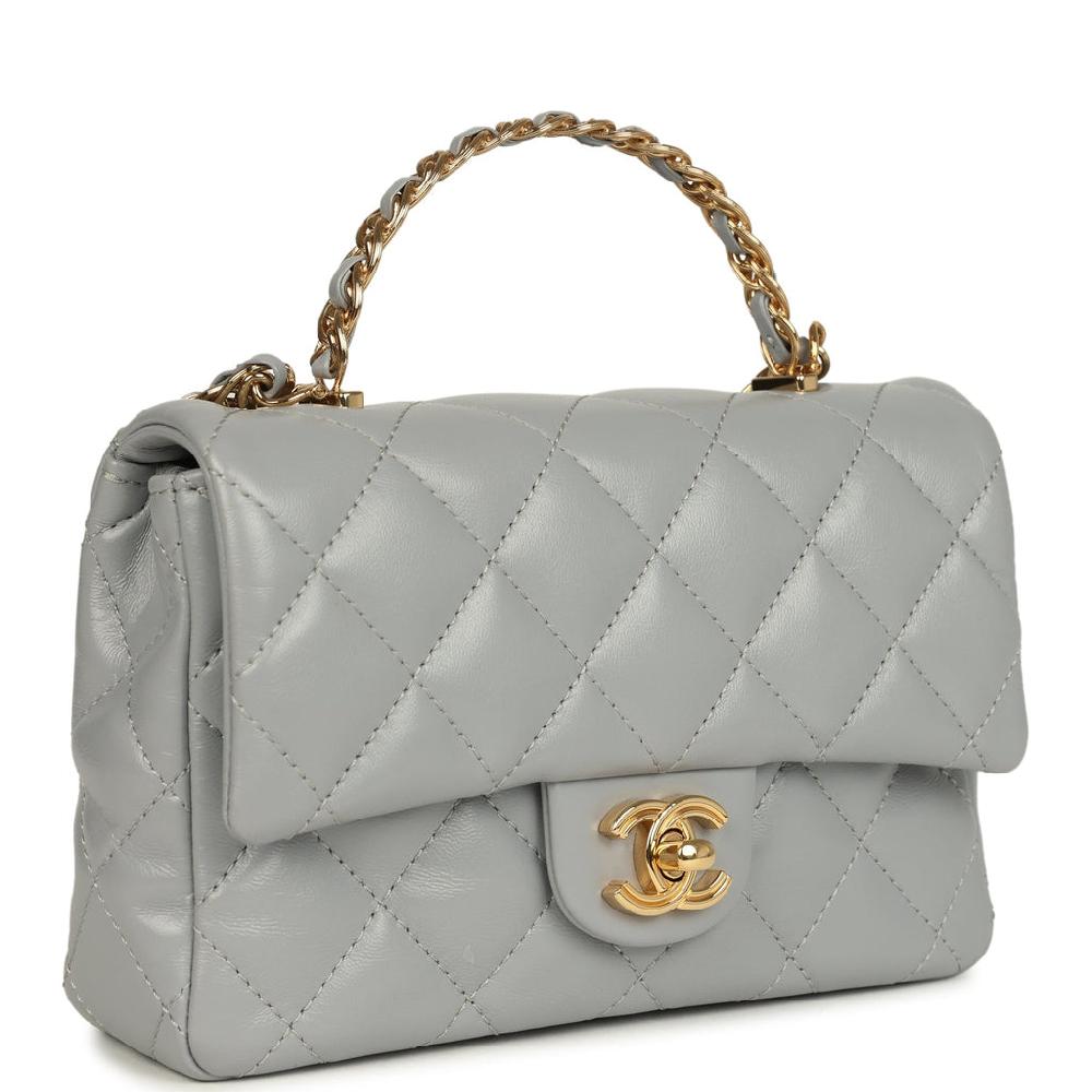 Pre-owned Chanel Mini CC Rectangular Flap Bag With Top Handle Light Grey Lambskin Gold Hardware