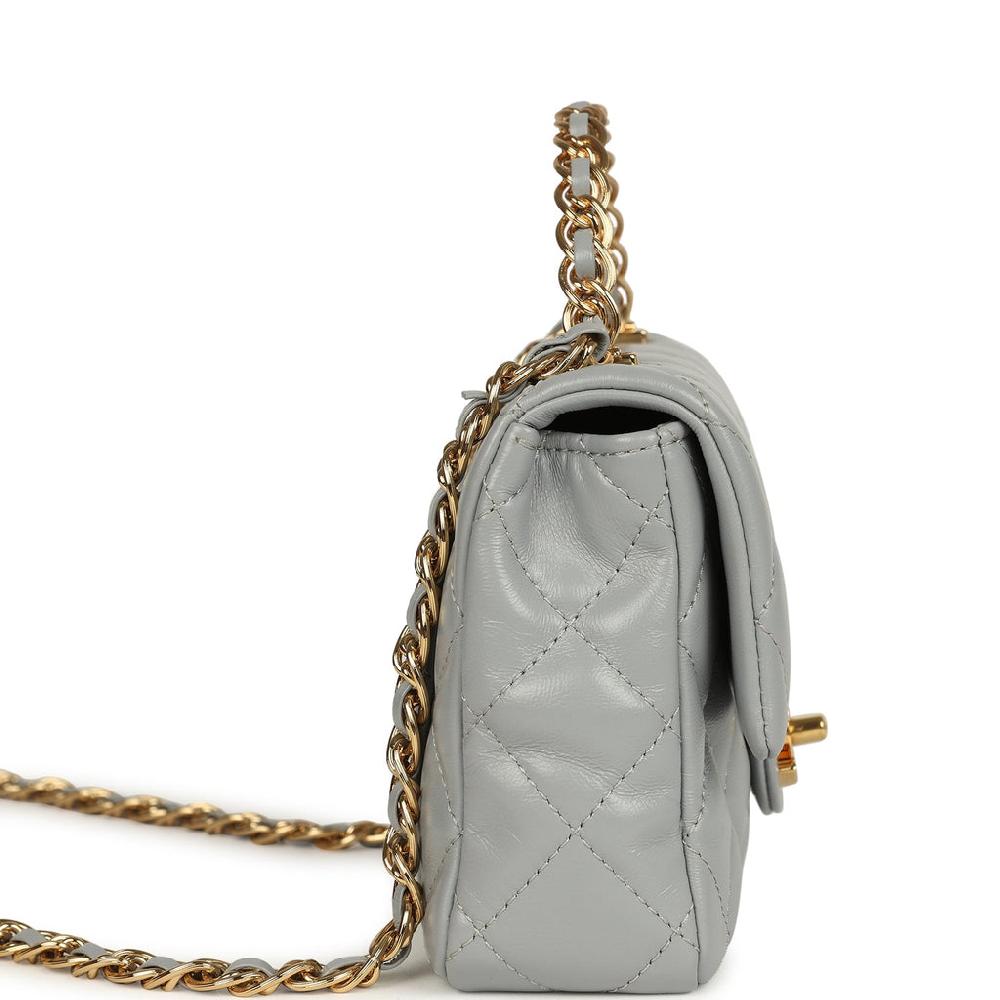 Pre-owned Chanel Mini CC Rectangular Flap Bag With Top Handle Light Grey Lambskin Gold Hardware