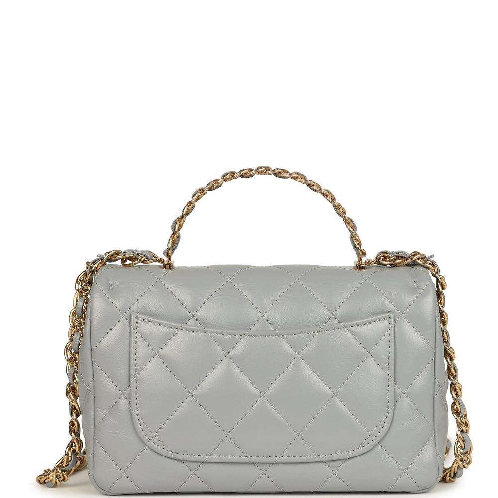 Pre-owned Chanel Mini CC Rectangular Flap Bag With Top Handle Light Grey Lambskin Gold Hardware